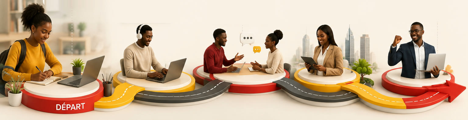 Le parcours GFE représenté par une route en cinq escales : une étudiante passe son test de niveau au départ, un apprenant suit un cours au casque, deux personnes conversent en anglais, une professionnelle utilise la langue en ville, et un diplômé lève le poing devant son ordinateur à l’arrivée.
